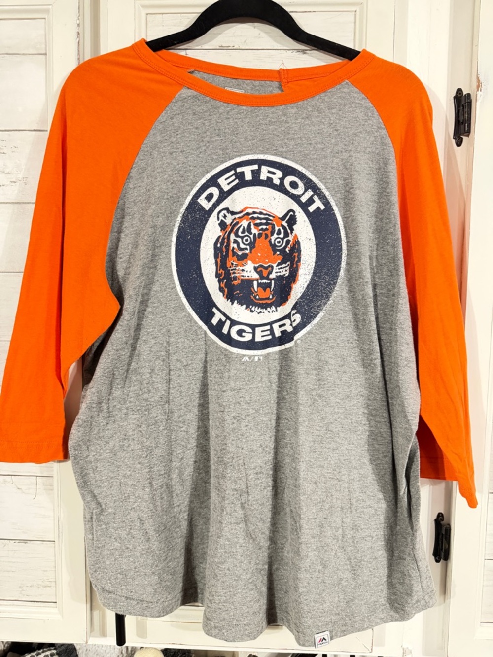 Detroit Tigers Raglan Tee Majestic Cooperstown Collection Size L Gray Orange